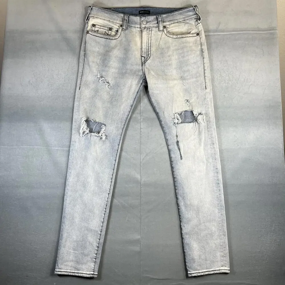 True Religion Rocco Jeans Mens 36 Blue Acid Wash Relaxed Skinny Distressed Rip